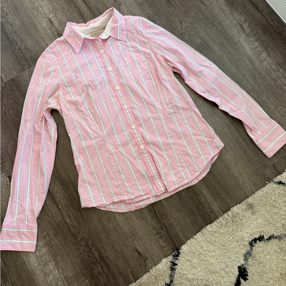 LL Bean Womens Striped Button Down Shirt Pink White Cotton Blend Small Reg